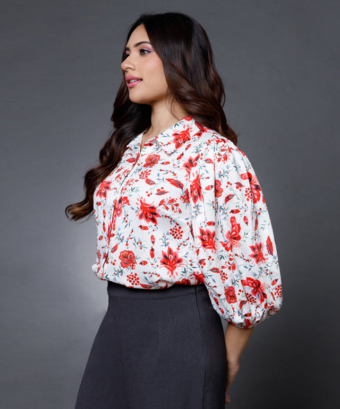 Puffed sleeve button through printed blouse